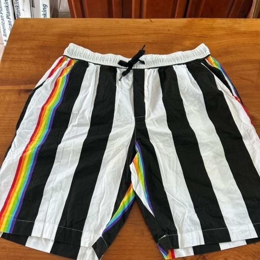 Eighty Eight Men's Striped Board Shorts. Black/White/Rainbow. Size Large.‎